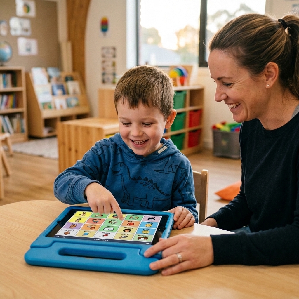 A child using VocalTiles with a caregiver
